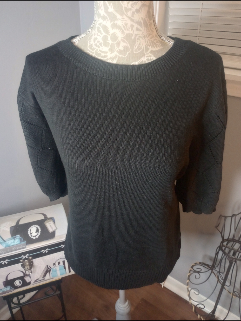 Women’s Black Knit Short-Sleeve Sweater W/Diamond Detailed Sleeves Khol's